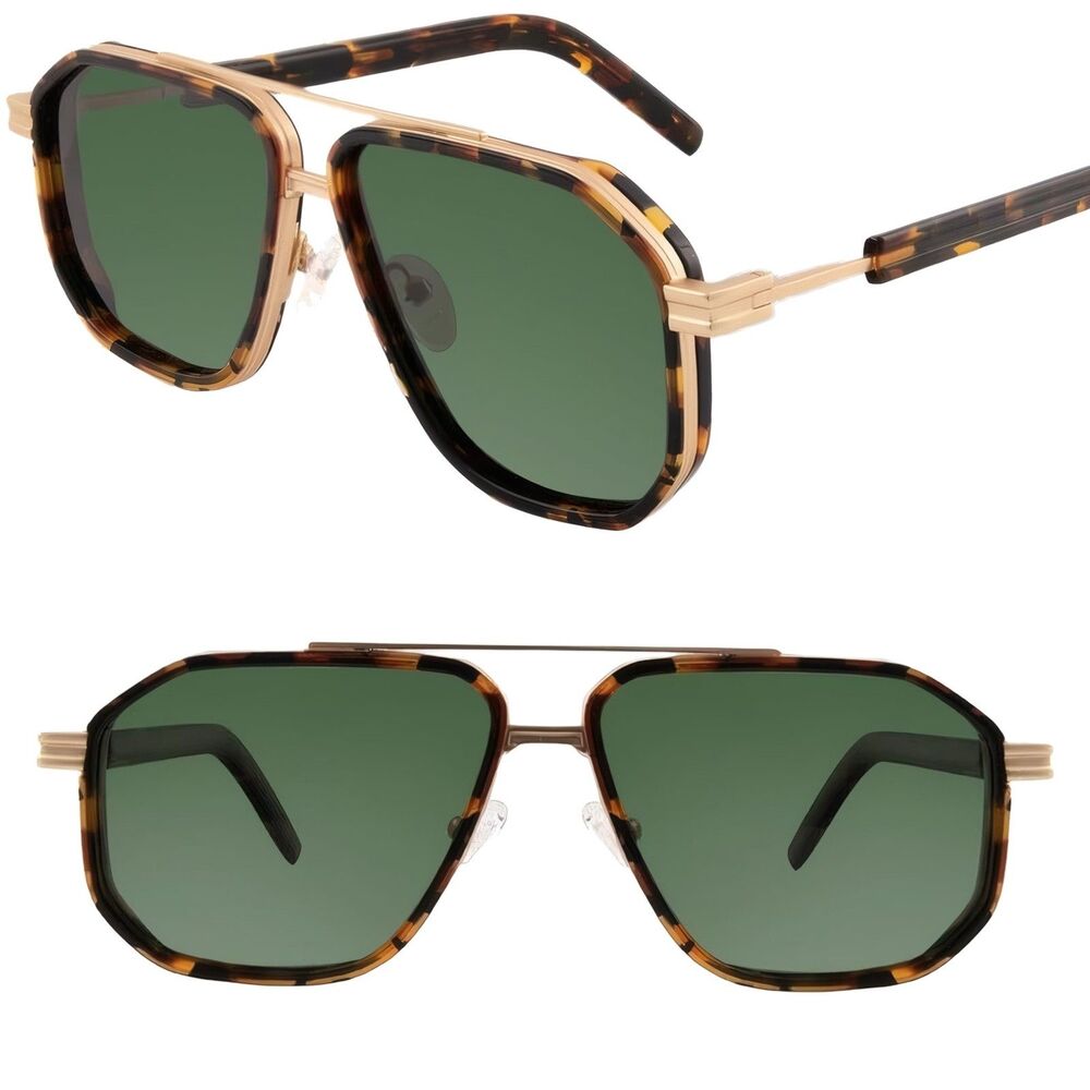 *Case Included* Men's Tortoise Green Polarized Square Pilot Bridge Sunglasses